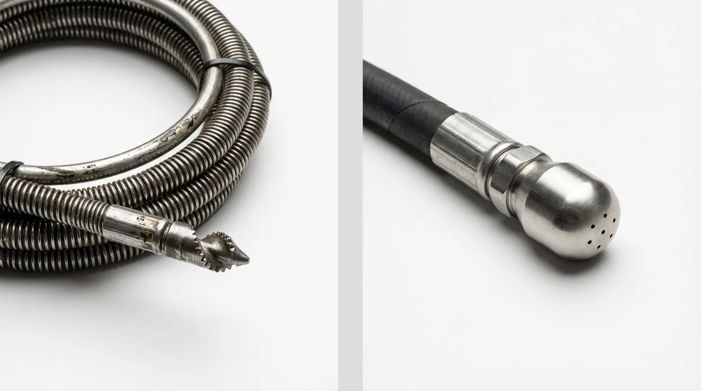 Drain snake cable and hydro jetting nozzle used for drain cleaning in Milford, PA