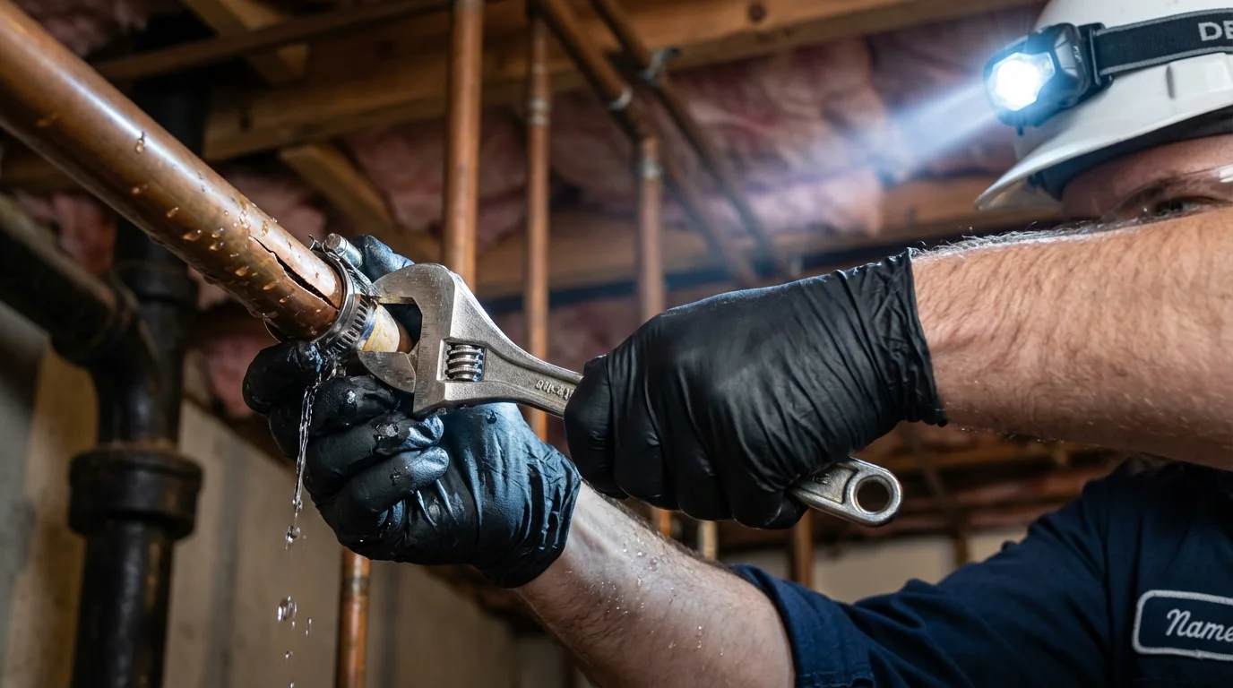 Emergency pipe clamp repair being performed by a Johns Plumbing LLC plumber in Milford