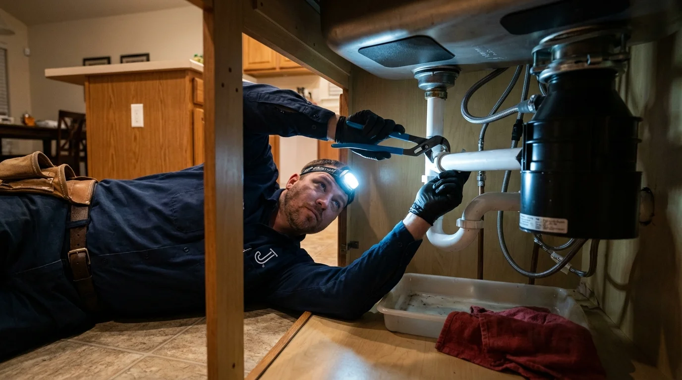 P-trap and supply line connections under a kitchen sink showing a common leak point in Milford, PA
